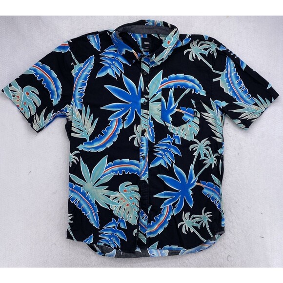 VANS XL Tailored Fit Tropical Hawaiian Shirt Blue Floral Black Short Sleeve - Picture 1 of 9